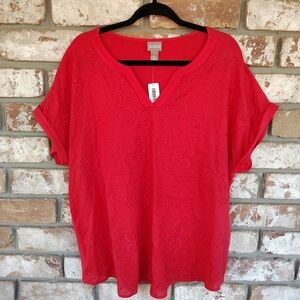 SOLD Chico's NWT Salsa Red Embroidered Eyelet Front Popover V-Neck Top Sz 3 (XL)